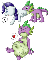 Size: 800x1000 | Tagged: safe, artist:emeraldfur, rarity, spike, dragon, pony, unicorn, g4, all fours, belly, big belly, dragons eating horses, exclamation point, eyes closed, female, fetish, heart, licking, licking lips, male, oral vore, rariprey, rarity is a marshmallow, ship:sparity, shipping, simple background, spikepred, spipred, straight, tongue out, transparent background, vore, why sid why