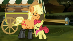Size: 1366x768 | Tagged: safe, artist:asika-aida, apple bloom, applejack, g4, somepony to watch over me, applebuck, applejack (male), boots, clothes, fireproof boots, food, pie, rule 63, scarf, wagon
