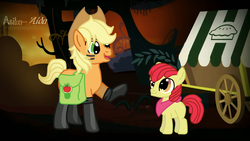 Size: 1366x768 | Tagged: safe, artist:asika-aida, apple bloom, applejack, g4, somepony to watch over me, applebuck, applejack (male), boots, fireproof boots, rule 63, wagon