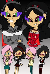 Size: 510x746 | Tagged: safe, artist:obeliskgirljohanny, fluttershy, king sombra, oc, oc:sartorius, oc:seraphim cyanne, human, g4, butterscotch, clothes, glasses, humanized, queen umbra, rule 63, skirt, sweater, sweatershy