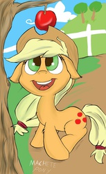 Size: 784x1280 | Tagged: safe, artist:macheteponies, applejack, g4, apple, atryl-ish, chest fluff, cute, female, floppy ears, happy, looking up, open mouth, sitting, solo, style emulation, tree