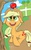 Size: 784x1280 | Tagged: safe, artist:macheteponies, applejack, g4, apple, atryl-ish, chest fluff, cute, female, floppy ears, happy, looking up, open mouth, sitting, solo, style emulation, tree