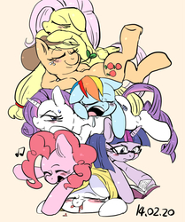 Size: 600x718 | Tagged: safe, artist:nekubi, applejack, fluttershy, pinkie pie, rainbow dash, rarity, twilight sparkle, oc, g4, :t, blushing, book, cuddle puddle, cuddling, cute, drool, eyes closed, floppy ears, frown, glasses, mane six, music notes, on back, open mouth, pixiv, pony pile, prone, reading, sleeping, smiling, snoring, snuggling, sweatdrop