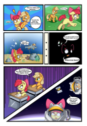 Size: 2671x3841 | Tagged: safe, artist:vicse, apple bloom, applejack, earth pony, pony, shark, g4, somepony to watch over me, astronaut, chase, classroom, comic, dark, floppy ears, frown, grin, gritted teeth, high res, pencil, satellite, scene parody, smiling, snorkel, space, spacesuit, stalking, swimming, together forever, underwater, wide eyes