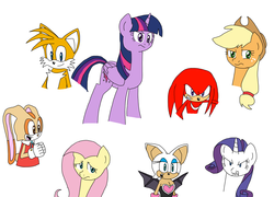 Size: 2009x1448 | Tagged: safe, artist:megaartist923, applejack, fluttershy, rarity, twilight sparkle, alicorn, pony, g4, cream the rabbit, crossover, female, knuckles the echidna, male, mare, miles "tails" prower, rouge the bat, sonic the hedgehog (series), twilight sparkle (alicorn)
