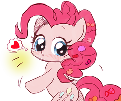 Size: 1023x858 | Tagged: dead source, safe, artist:momo, pinkie pie, g4, blushing, bow, butt, cute, diapinkes, female, hair bow, heart, jelly beans, plot, simple background, solo, thought bubble, white background
