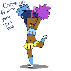 Size: 500x500 | Tagged: dead source, safe, artist:techtechno, twilight sparkle, human, g4, :o, animated, armpits, belly button, blushing, cheerleader, clothes, cute, dark skin, dialogue, eared humanization, female, humanized, midriff, open mouth, pom pom, simple background, solo, sports bra, white background