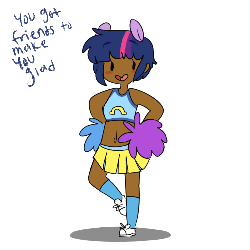 Size: 500x500 | Tagged: dead source, safe, artist:techtechno, twilight sparkle, human, g4, animated, belly button, cheerleader, clothes, cute, dark skin, dialogue, eared humanization, female, humanized, midriff, motivational, pom pom, simple background, single panel, skirt, solo, sports bra, white background