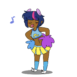 Size: 500x500 | Tagged: dead source, safe, artist:techtechno, twilight sparkle, human, g4, animated, belly button, cheerleader, clothes, cute, dark skin, eared humanization, female, humanized, midriff, music notes, pom pom, simple background, solo, sports bra, twiabetes, whistle, white background