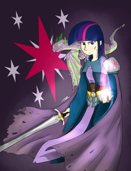 Size: 1200x1570 | Tagged: safe, artist:php49, derpibooru exclusive, spike, twilight sparkle, dragon, human, g4, cloak, clothes, cutie mark, fantasy class, glare, humanized, looking at you, mage, magic, robe, smirk, smoke, sword, weapon