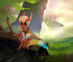 Size: 1181x1000 | Tagged: safe, artist:tomatocoup, oc, oc only, mothpony, original species, baby, color porn, forest, sitting, water