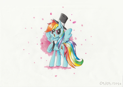 Size: 3507x2480 | Tagged: safe, artist:pumpkinkikile, rainbow dash, g4, female, hat, high res, necktie, solo, traditional art