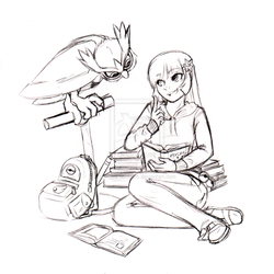 Size: 1024x1022 | Tagged: safe, artist:fuyusfox, twilight sparkle, human, noctowl, g4, backpack, book, clothes, crossover, grayscale, humanized, lineart, monochrome, pokémon, shoes, sitting, sketch