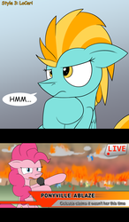 Size: 1280x2194 | Tagged: safe, artist:askincompetentlightningdust, artist:ralek, lightning dust, pinkie pie, g4, fire, letterboxing, microphone, ponyville, style emulation, tumblr