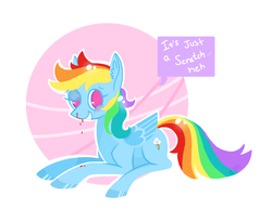 Size: 967x745 | Tagged: safe, artist:jellybeanbullet, rainbow dash, g4, blood, bruised, dialogue, female, hooves, injured, nosebleed, prone, solo, speech bubble