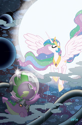 Size: 755x1147 | Tagged: safe, artist:tony fleecs, idw, princess celestia, spike, g4, backlighting, cover, eyes closed, jetpack, moon, ponies in space, space, space helmet