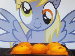 Size: 500x375 | Tagged: safe, derpy hooves, pegasus, pony, g4, blueberry muffin (food), female, mare, muffin, otaku date, solo, waifu, waifu dinner