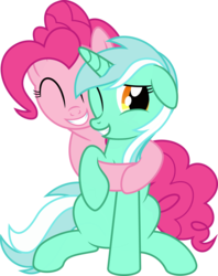 Size: 3800x4810 | Tagged: safe, artist:vaderpl, lyra heartstrings, pinkie pie, g4, .svg available, absurd resolution, duo, eyes closed, hug, one eye closed, simple background, sitting, smiling, transparent background, vector