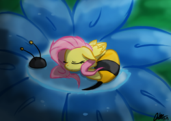 Size: 1748x1240 | Tagged: safe, artist:mrasianhappydude, fluttershy, bee, g4, animal costume, bee costume, clothes, costume, curled up, cute, eyes closed, female, floppy ears, flower, flutterbee, micro, prone, shyabetes, sleeping, solo