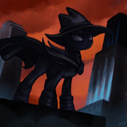 Size: 1600x1600 | Tagged: safe, artist:kp-shadowsquirrel, mare do well, g4, batman, batman the animated series, cape, clothes, costume, dark, dc comics, hat, mask, solo, superhero, vigilante