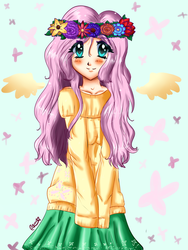 Size: 900x1200 | Tagged: safe, artist:angel-chi, fluttershy, butterfly, human, g4, anime, anime style, blushing, clothes, cute, cutie mark, cutie mark on clothes, female, floating wings, floral head wreath, flower, humanized, moe, skirt, solo, sweater, sweatershy, winged humanization, wings
