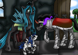 Size: 1024x735 | Tagged: safe, artist:lavenderrain24, king sombra, queen chrysalis, hybrid, g4, antagonist, daddy sombra, female, foal, interspecies offspring, male, mommy chrissy, offspring, parent:king sombra, parent:queen chrysalis, parents:chrysombra, ship:chrysombra, shipping, straight