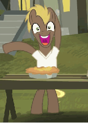 Size: 272x379 | Tagged: safe, screencap, earth pony, pony, g4, somepony to watch over me, animated, background pony, bipedal, cajun ponies, excited, faic, flailing, gif, laughing, male, noodle arms, open mouth, pie, smiling, solo focus, stallion, table, unnamed character, unnamed pony, wacky waving inflatable tube pony, wide eyes