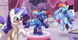 Size: 4467x2312 | Tagged: safe, artist:pippy, opalescence, rainbow dash, rarity, oc, pegasus, pony, g4, carousel boutique, clothes, dressup, eyes closed, floppy ears, frown, glare, glasses, laughing, laughingmagic, magic, open mouth, pet, rainbow dash always dresses in style, raised hoof, raised leg, smiling, tail wrap, telekinesis, unamused