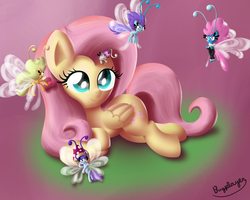 Size: 2500x2000 | Tagged: safe, artist:bugplayer, fluttershy, seabreeze, breezie, pegasus, pony, g4, cute, female, gradient background, high res, mare, on side, shyabetes, that pony sure does love animals