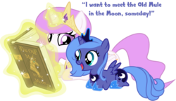 Size: 1097x634 | Tagged: safe, princess celestia, princess luna, g4, book, cewestia, filly, magic, woona