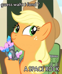 Size: 509x600 | Tagged: safe, edit, edited screencap, screencap, applejack, g4, somepony to watch over me, female, image macro, meme, phonetic accent, solo, space rock