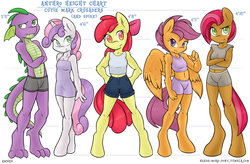 Size: 6622x4339 | Tagged: safe, artist:ambris, apple bloom, babs seed, scootaloo, spike, sweetie belle, dragon, earth pony, pegasus, unicorn, anthro, unguligrade anthro, g4, absurd resolution, belly button, boxer briefs, boyshorts, breasts, chart, clothes, cutie mark crusaders, delicious flat chest, female, flat seed, flatie belle, flattle bloom, hooves, line-up, looking at you, midriff, nightgown, older, older apple bloom, older babs seed, older scootaloo, older spike, older sweetie belle, panties, raised eyebrow, scootaflat, simple background, size chart, size comparison, smiling, tank top, teenage apple bloom, teenage babs seed, teenage scootaloo, teenage spike, teenage sweetie belle, teenaged dragon, teenager, text, topless, underwear, white background