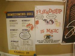 Size: 960x720 | Tagged: safe, fluttershy, pinkie pie, rainbow dash, twilight sparkle, g4, 2011, brony, irl, kent state university, photo, poster, title drop