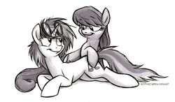 Size: 780x455 | Tagged: safe, artist:kenket, artist:spainfischer, dj pon-3, octavia melody, vinyl scratch, pony, g4, concave belly, duo, female, lying down, mare, monochrome, on side