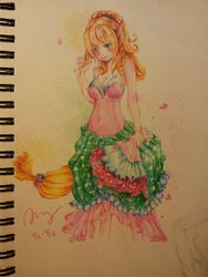 Size: 1536x2048 | Tagged: safe, artist:ategi, applejack, human, g4, applejewel, bouquet, clothes, dress, eared humanization, female, flower, humanized, pixiv, sketchbook, solo, tailed humanization, traditional art