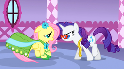 Size: 1050x590 | Tagged: safe, screencap, fluttershy, rarity, pegasus, pony, unicorn, g4, suited for success, backing away, carousel boutique, clothes, dress, duo, frown, glasses, green dress, messy mane, rarity's glasses