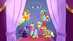 Size: 1050x590 | Tagged: safe, screencap, applejack, fluttershy, pinkie pie, rainbow dash, rarity, twilight sparkle, earth pony, pegasus, pony, unicorn, g4, suited for success, balloon, clothes, constellation dress, dress, female, flying, galoshes, logo, mane six, mare, raised hoof, rarity logo, unicorn twilight