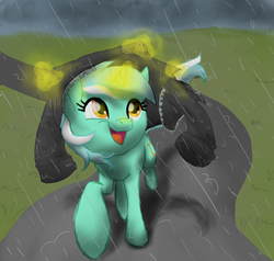 Size: 2024x1924 | Tagged: safe, artist:han21, lyra heartstrings, pony, unicorn, g4, clothes, female, jacket, levitation, magic, mare, open mouth, rain, raised hoof, smiling, solo, telekinesis