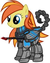 Size: 6000x7601 | Tagged: safe, artist:amino, oc, oc only, oc:graceful sunrise, pegasus, pony, fallout equestria, absurd resolution, armor, augmented tail, earring, powered exoskeleton, simple background, smiling, solo, spear, transparent background, vector