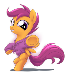 Size: 922x1000 | Tagged: safe, artist:stoic5, scootaloo, pony, g4, bipedal, clothes, cute, cutealoo, female, filly, foal, grin, hoodie, looking at you, pointing, pointing at you, smiling, solo, sweater, underhoof, wings