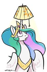 Size: 621x960 | Tagged: safe, artist:kez, princess celestia, g4, cute, cutelestia, female, frown, glare, hair over one eye, hat, lampshade, lampshade hat, looking up, open mouth, simple background, solo, surprised, white background, wide eyes