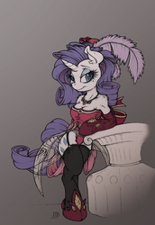Size: 688x1000 | Tagged: safe, artist:dfectivedvice, artist:longren, color edit, edit, rarity, anthro, unguligrade anthro, g4, arm hooves, bipedal leaning, breasts, burlesque, chestbreasts, cleavage, clothes, colored, costume porn, dress, ear fluff, fashion, female, garter belt, gradient background, hooves, solo
