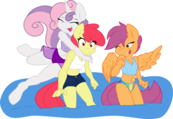 Size: 3331x2286 | Tagged: safe, artist:ambris, artist:gray-gold, apple bloom, scootaloo, sweetie belle, earth pony, pegasus, unicorn, anthro, unguligrade anthro, g4, .svg available, belly button, bikini, blushing, chest fluff, clothes, cutie mark crusaders, delicious flat chest, eyes closed, female, flatie belle, flattle bloom, fluffy, glomp, high res, hug, hug from behind, lesbian, meta, midriff, multiple variants, older, open mouth, purple swimsuit, sarong, scootaflat, ship:sweetiebloom, shipping, shorts, simple background, smiling, surprised, svg, swimsuit, tankini, transparent background, water, wide eyes, wink