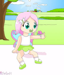 Size: 831x960 | Tagged: safe, artist:polligone64, fluttershy, butterfly, human, g4, clothes, diaper, female, flutterfly, humanized, pacifier, skirt, solo, younger