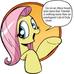 Size: 429x431 | Tagged: safe, idw, fluttershy, friendship is magic #3, g4, my little pony: friendship is magic (idw), bad advice fluttershy, call of duty, exploitable meme, female, fluttertroll, meme, solo, titanfall