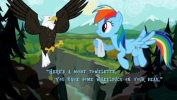 Size: 1280x720 | Tagged: safe, edit, edited screencap, screencap, rainbow dash, bald eagle, eagle, pegasus, pony, g4, may the best pet win, caption, duo, female, flying, ghastly gorge, gorge, handkerchief, implied death, mare, spread wings, wheelduck, wings