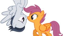 Size: 628x360 | Tagged: safe, artist:dreamcasterpegasus, rumble, scootaloo, pegasus, pony, g4, boop, female, flying, male, nose wrinkle, noseboop, older, ship:rumbloo, shipping, simple background, straight, transparent background, upside down