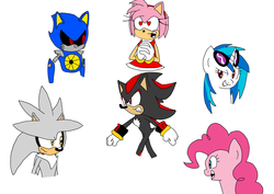 Size: 1878x1329 | Tagged: safe, artist:megaartist923, dj pon-3, pinkie pie, vinyl scratch, g4, amy rose, crossover, male, metal sonic, shadow the hedgehog, silver the hedgehog, simple background, sonic the hedgehog, sonic the hedgehog (series), white background