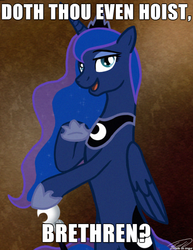 Size: 610x790 | Tagged: safe, artist:doekitty, edit, princess luna, alicorn, pony, g4, do you even lift, female, joseph ducreux, luna ducreux, meme, solo, ye olde butcherede englishe, ye olde english