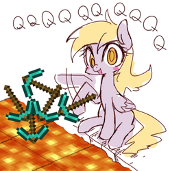 Size: 500x504 | Tagged: safe, artist:kolshica, derpy hooves, pegasus, pony, g4, diamond pickaxe, female, lava, mare, minecraft, pickaxe, pure unfiltered evil, solo, this will end in tears